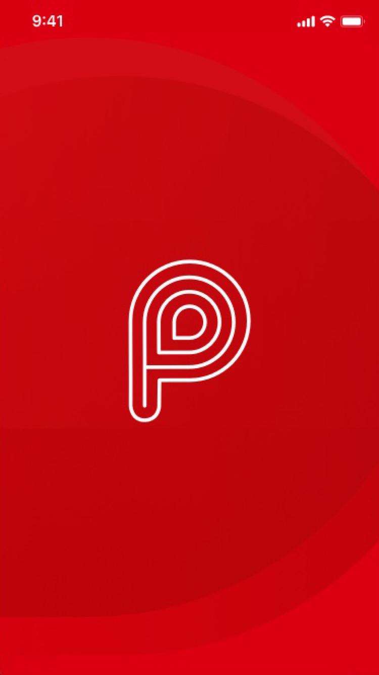 White stylized 'P' logo on a red background displayed on a mobile screen.