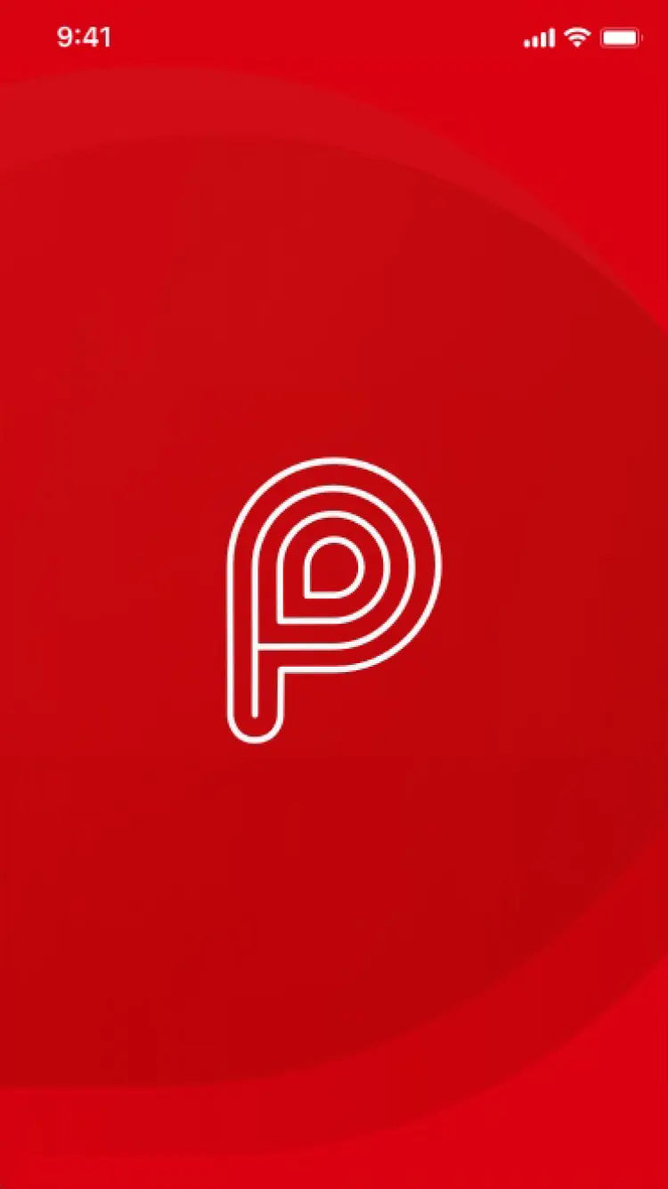 White stylized 'P' logo on a red background displayed on a mobile screen.