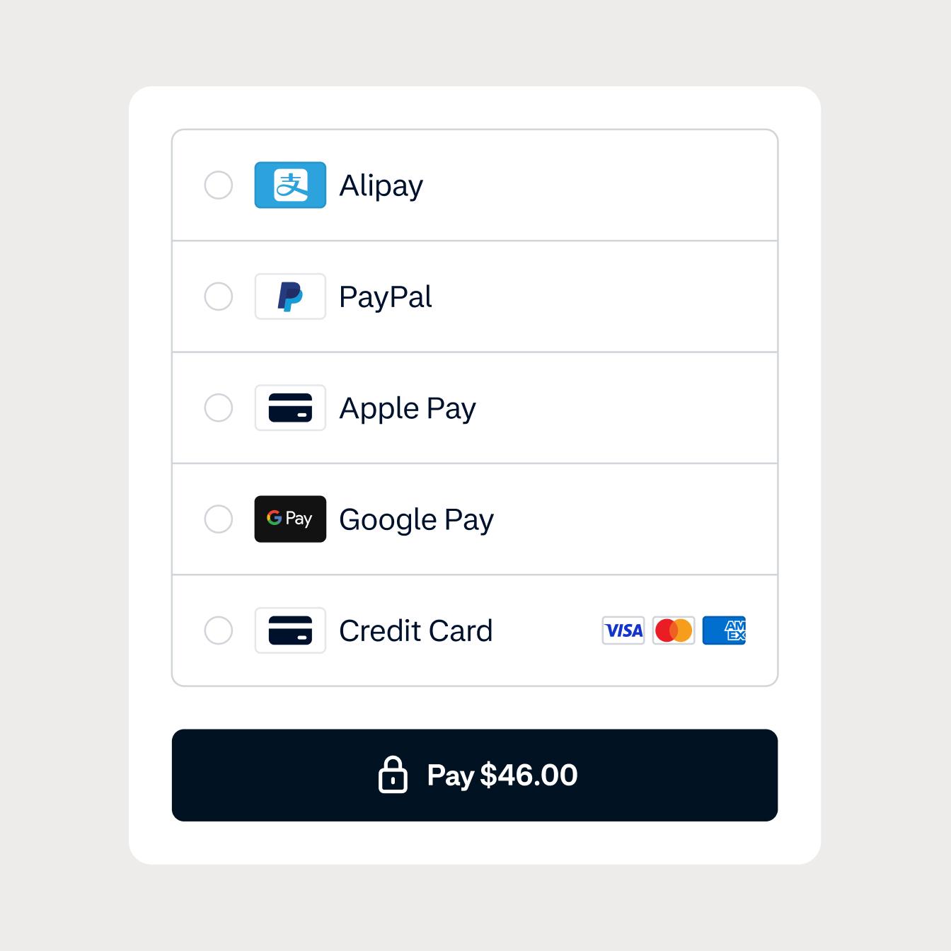 Checkout screen with local payment method options
