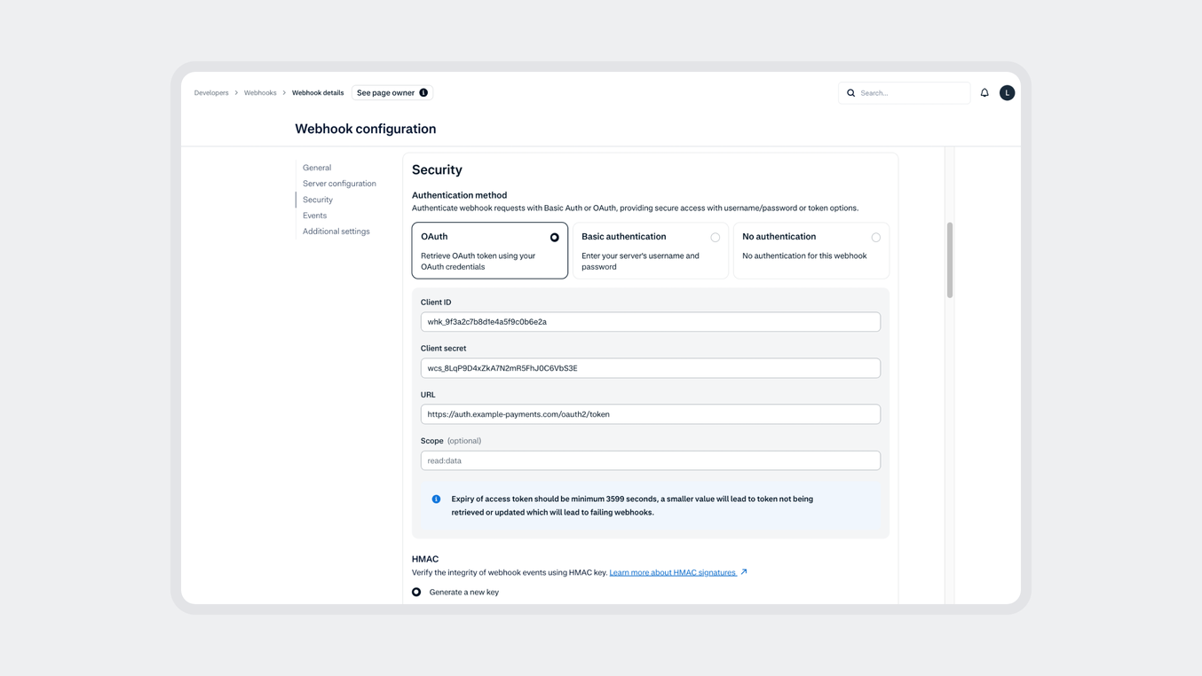 Screenshot of web-based security configuration interface for API authentication setup.