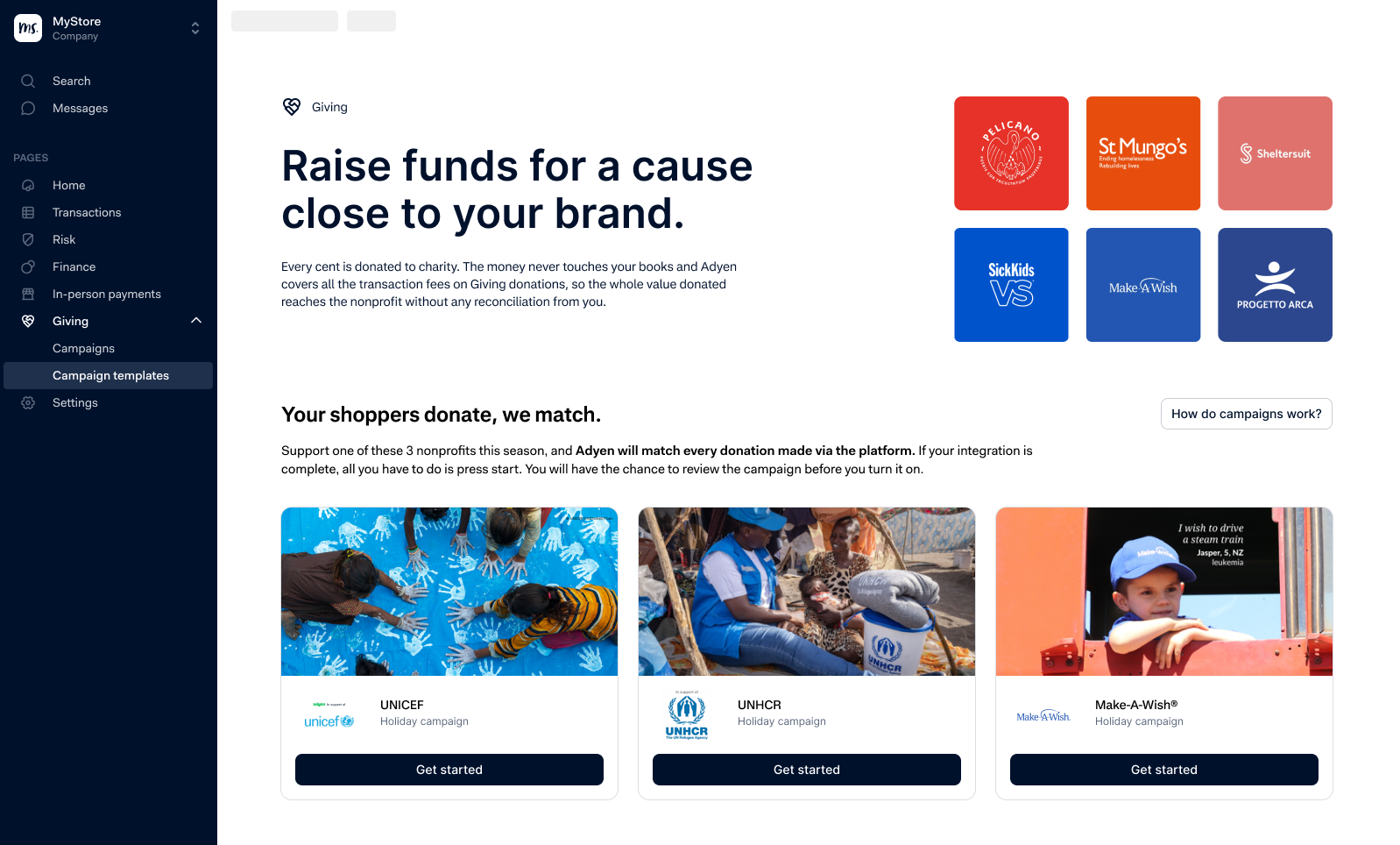 Adyen Giving dashboard showing different non-profit organizations available for donations at checkout.