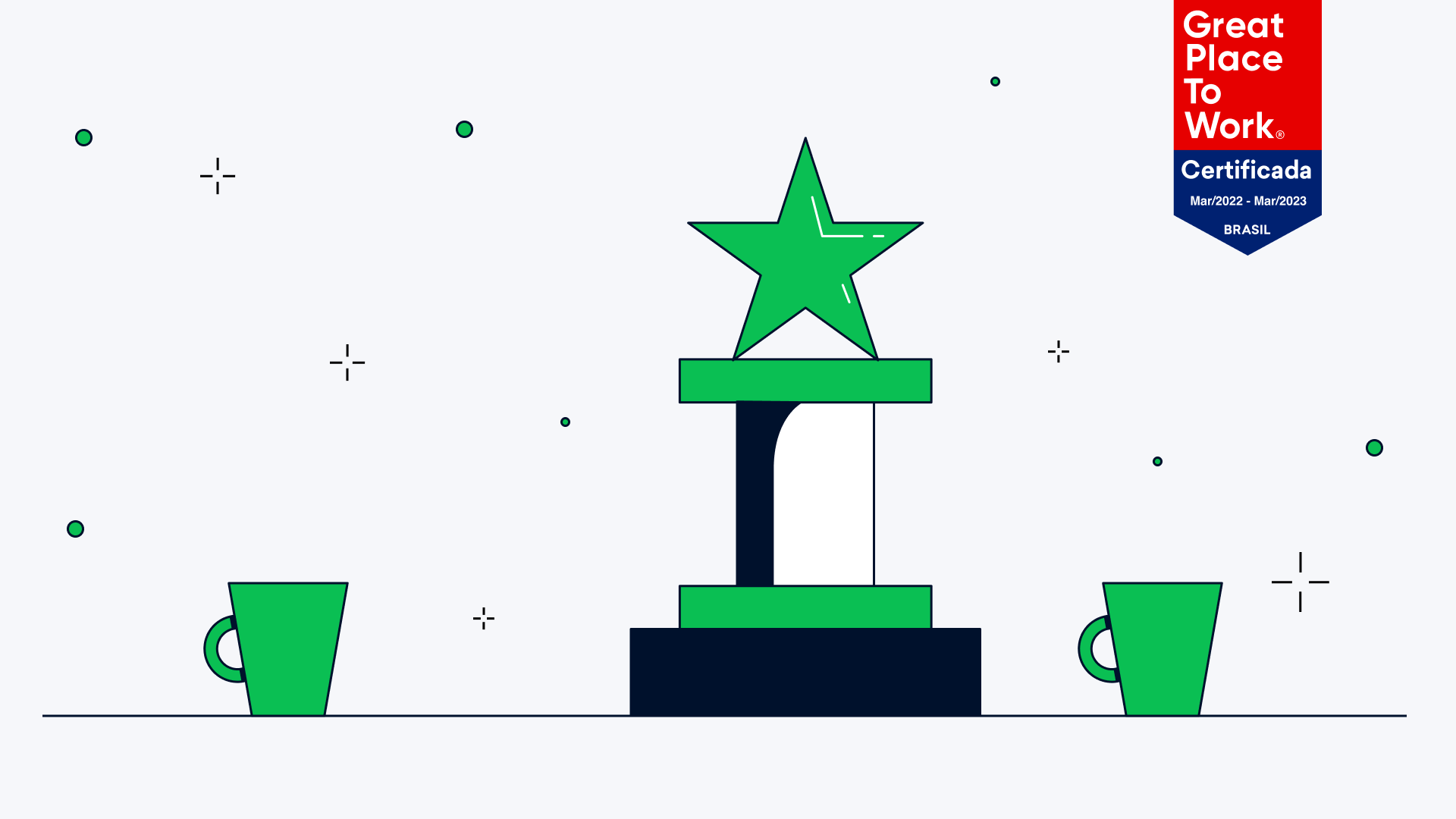 Troféu com uma estrela verde acima de duas canecas, ao lado de um banner de certificação 'Great Place to Work'
