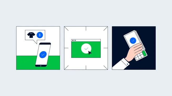 Three-part illustration showing Adyen payment approval process on smartphone and computer screens.