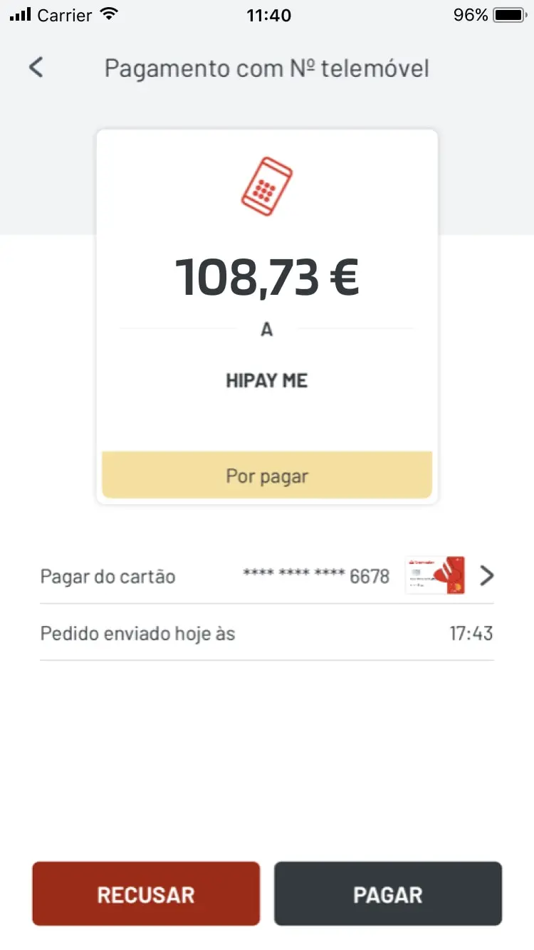 Mobile payment screen displaying a transaction of 108,73 € with a pay button from HIPAY ME.