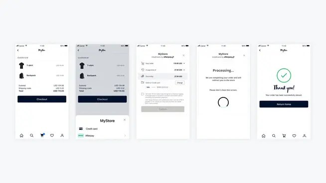 Series of mobile screens showcasing checkout process with Adyen payment solutions