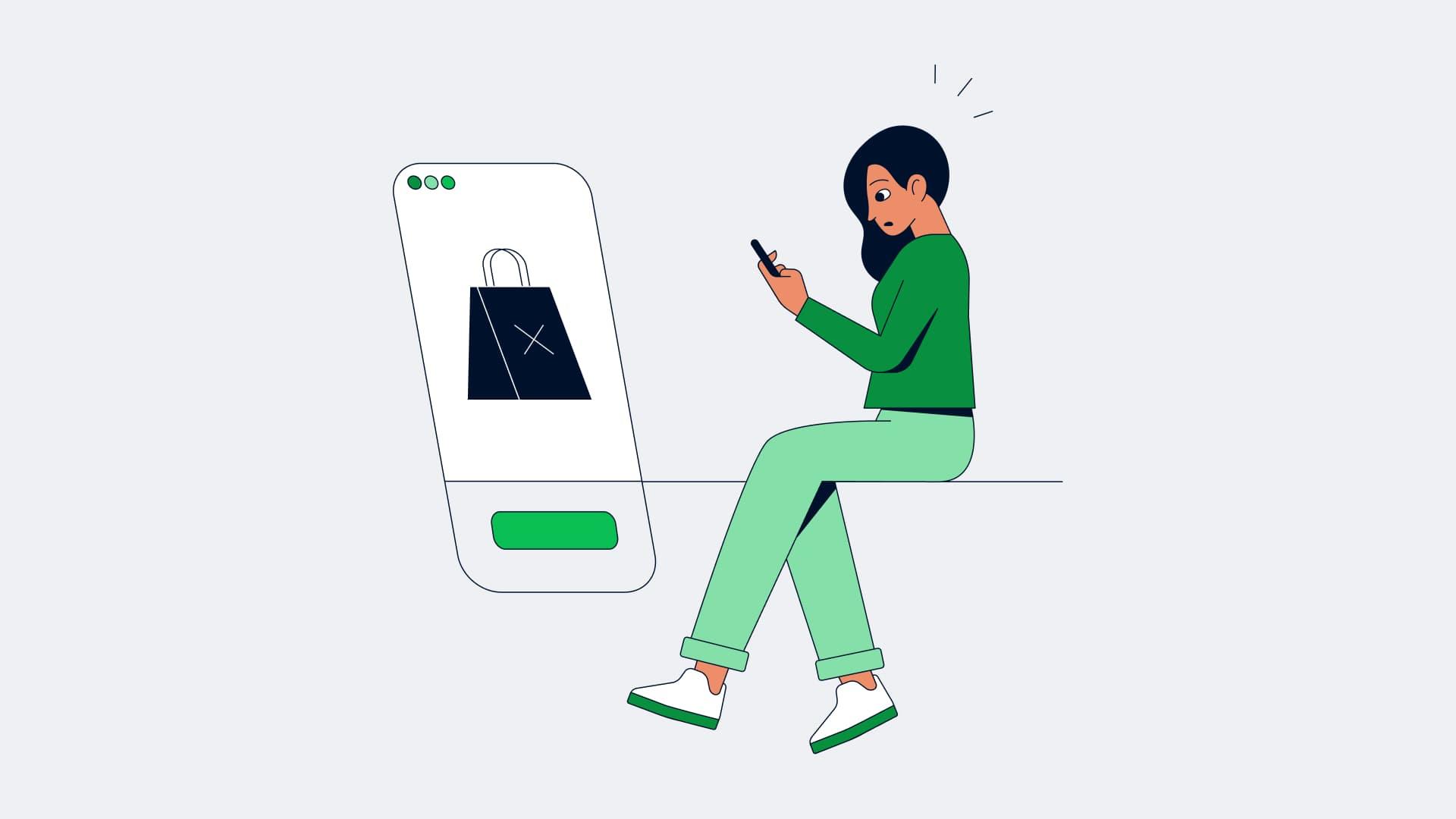 An illustration of a woman sitting down shopping on her phone