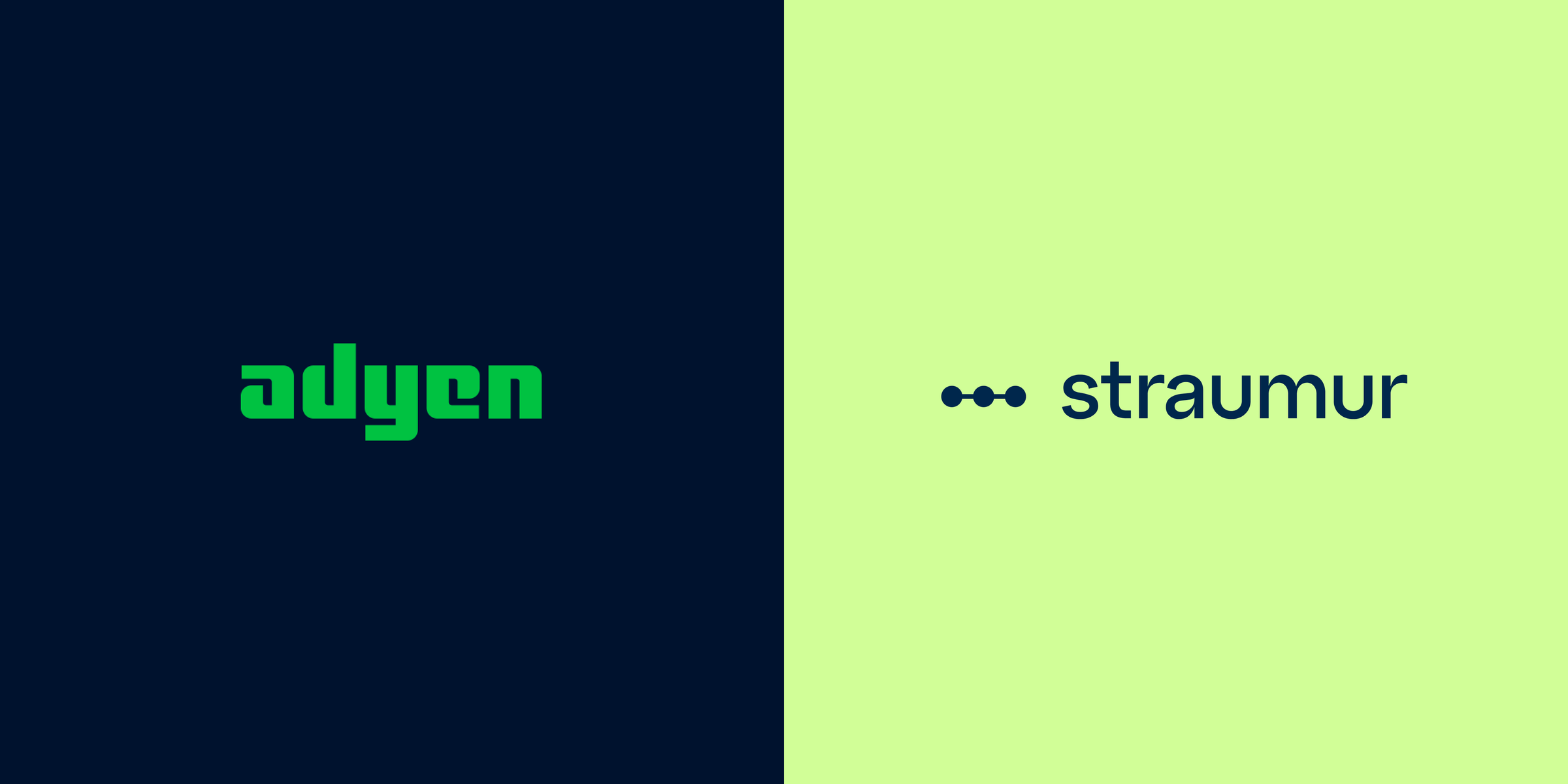 Split image featuring Adyen and Straumur logos on contrasting dark and light backgrounds.