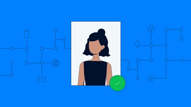 Graphic of a stylized female profile with a checkmark signifying verified identity against a backdrop of network nodes.