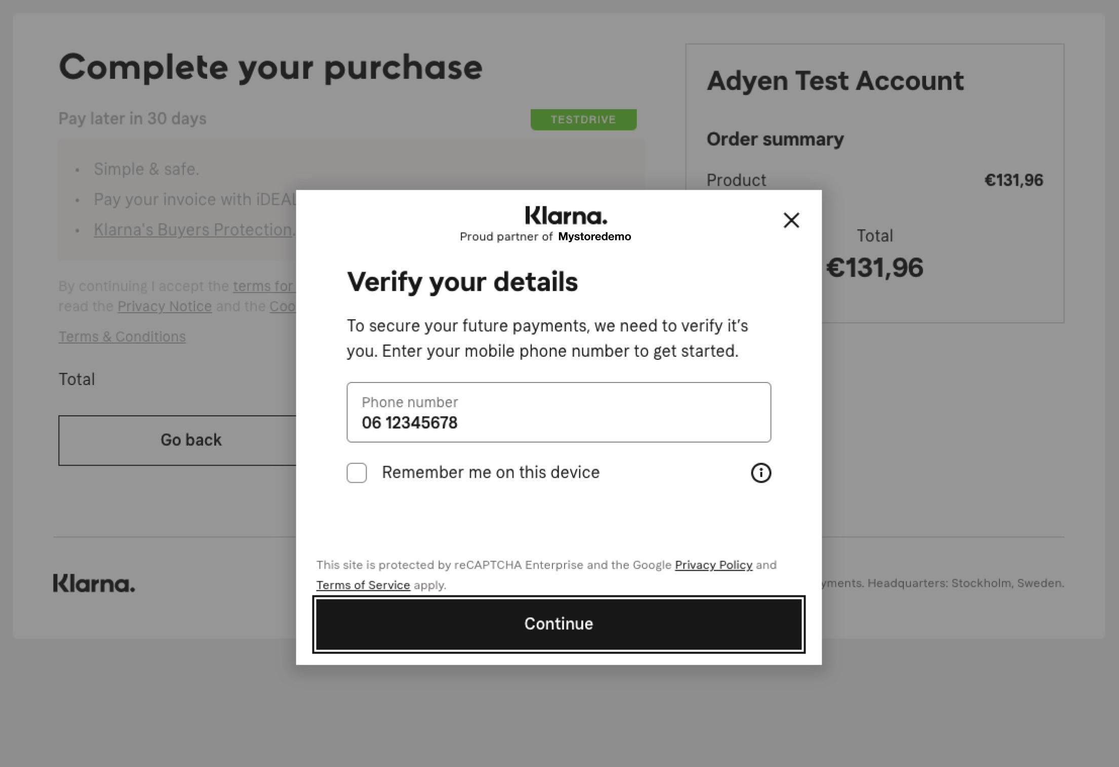 Adyen payment interface showing Klarna payment option and order summary.