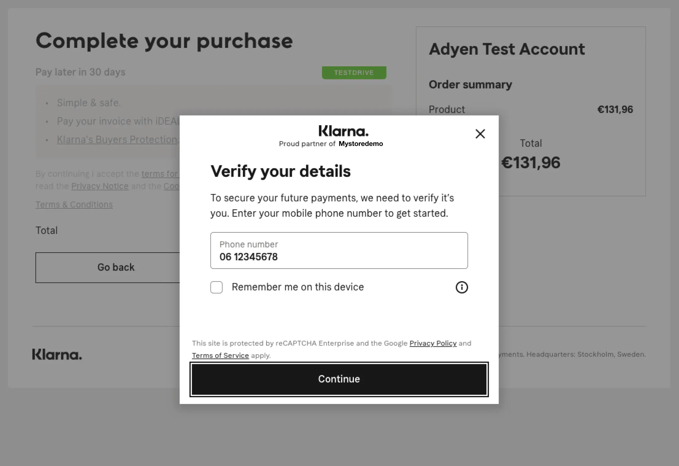 Adyen payment interface showing Klarna payment option and order summary.