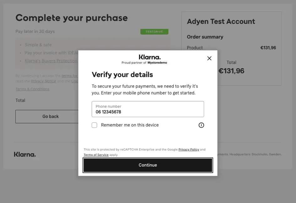 Interfaz de pago de Adyen que muestra la opción de pago de Klarna y resumen de pedido