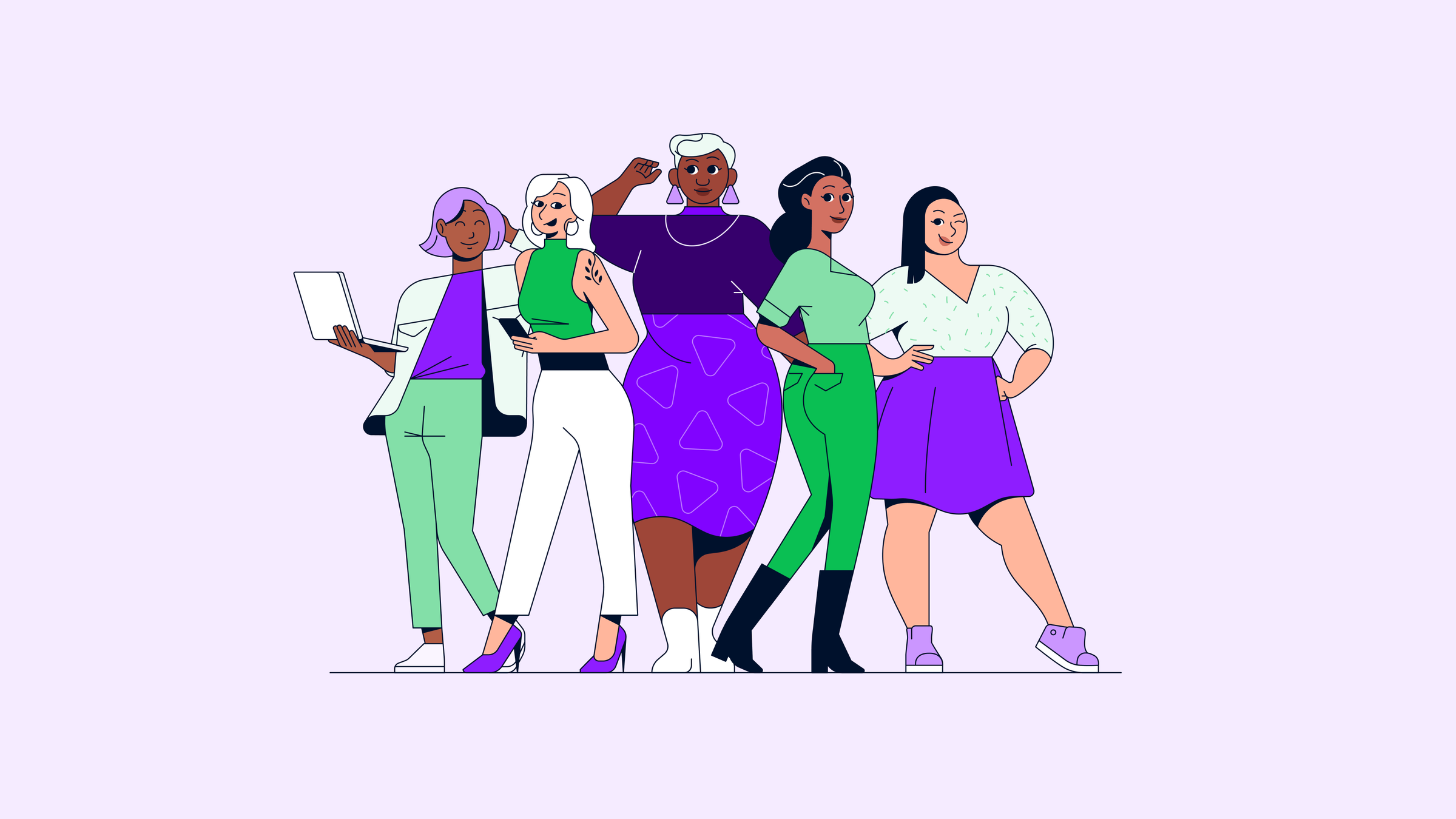Ilustração de cinco mulheres diversas em pé juntas, algumas segurando dispositivos digitais.