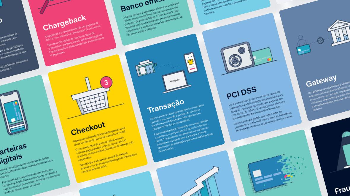 Colagem de termos ilustrados de tecnologia de pagamentos e financeira como Checkout e Gateway