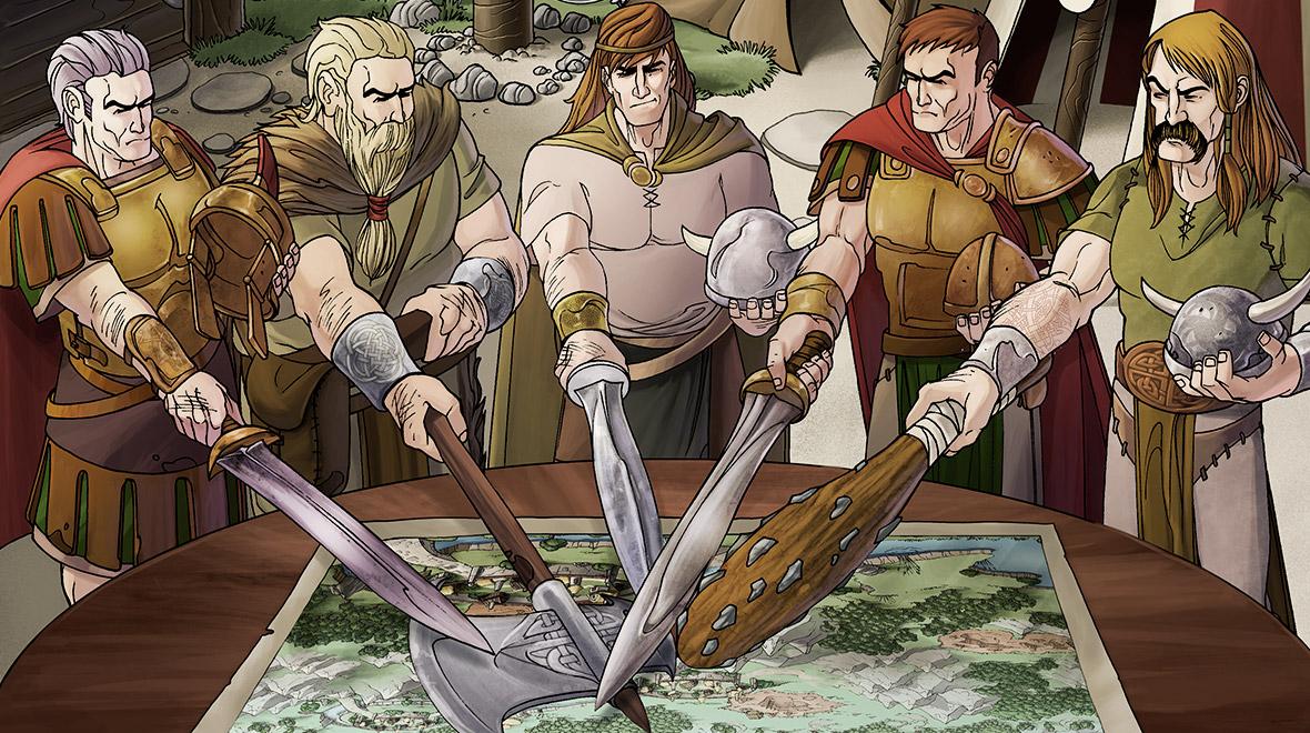 Illustrierte Szene von fünf Kriegern um einen Tisch mit Waffen, die einen Schlachtplan auf einer Karte diskutieren