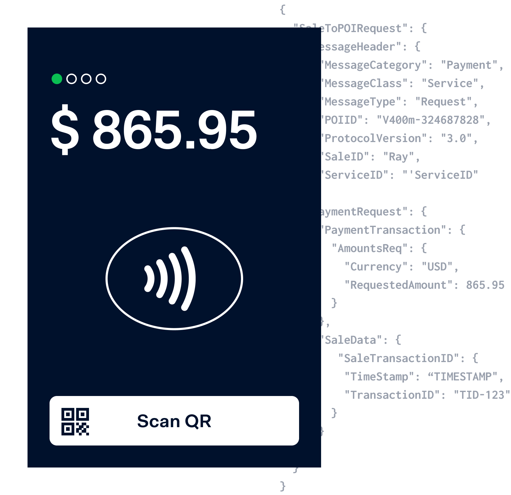 Interfaz de terminal de pago Adyen que muestra un monto de transacción de 865,95 $ y un mensaje para escanear el código QR.
