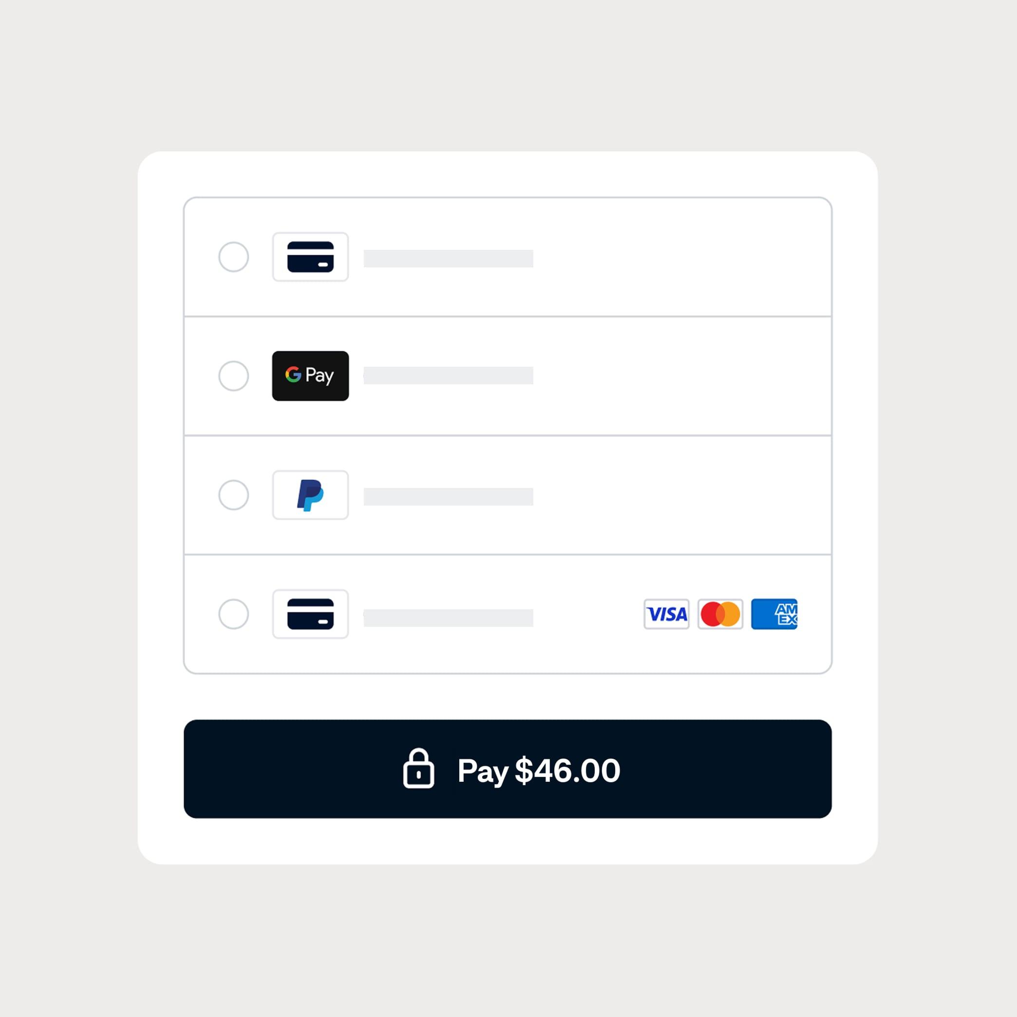 Online payment selection screen with various card and local payment options and total amount to pay