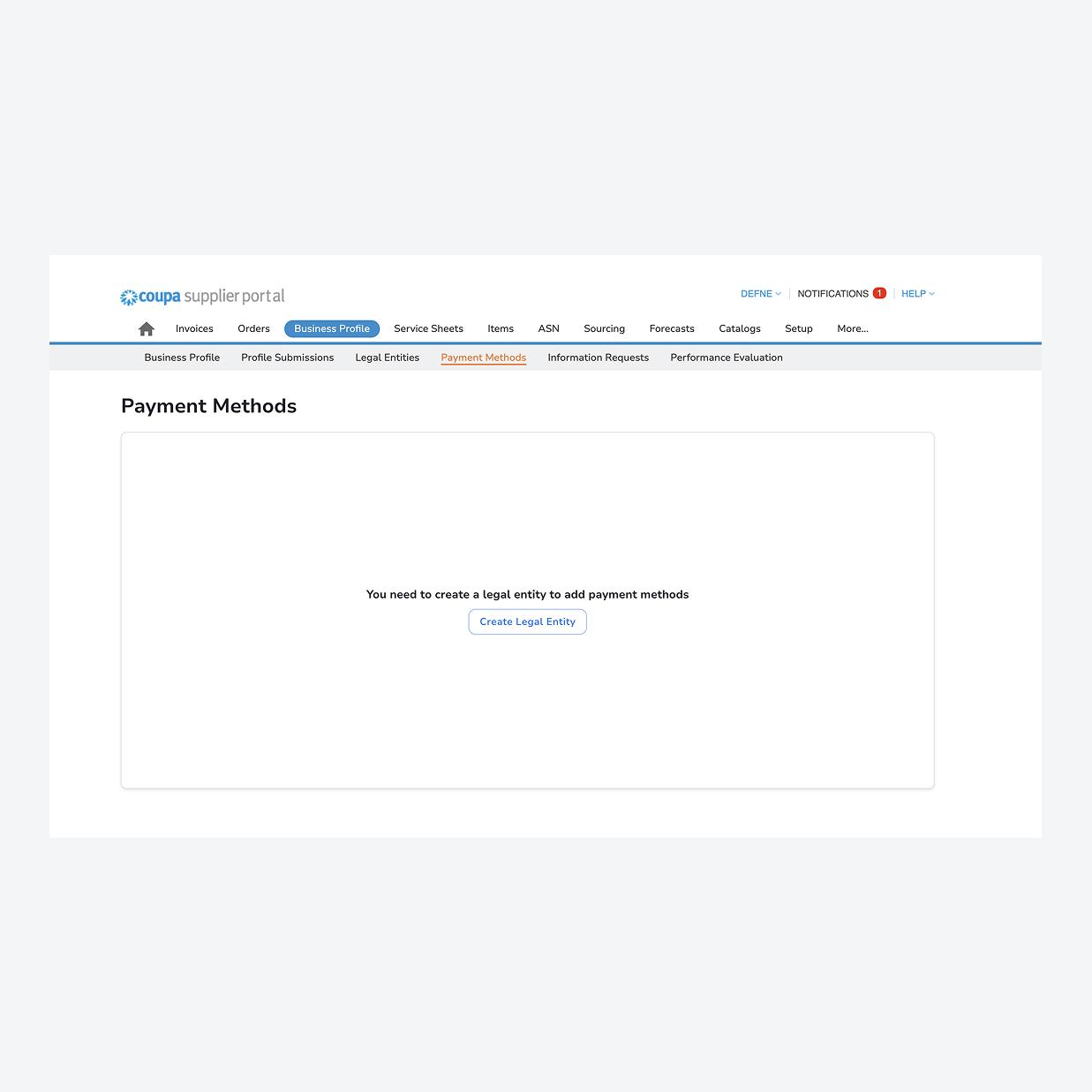 Screenshot of UI user page of vendor supplier portal Coupa