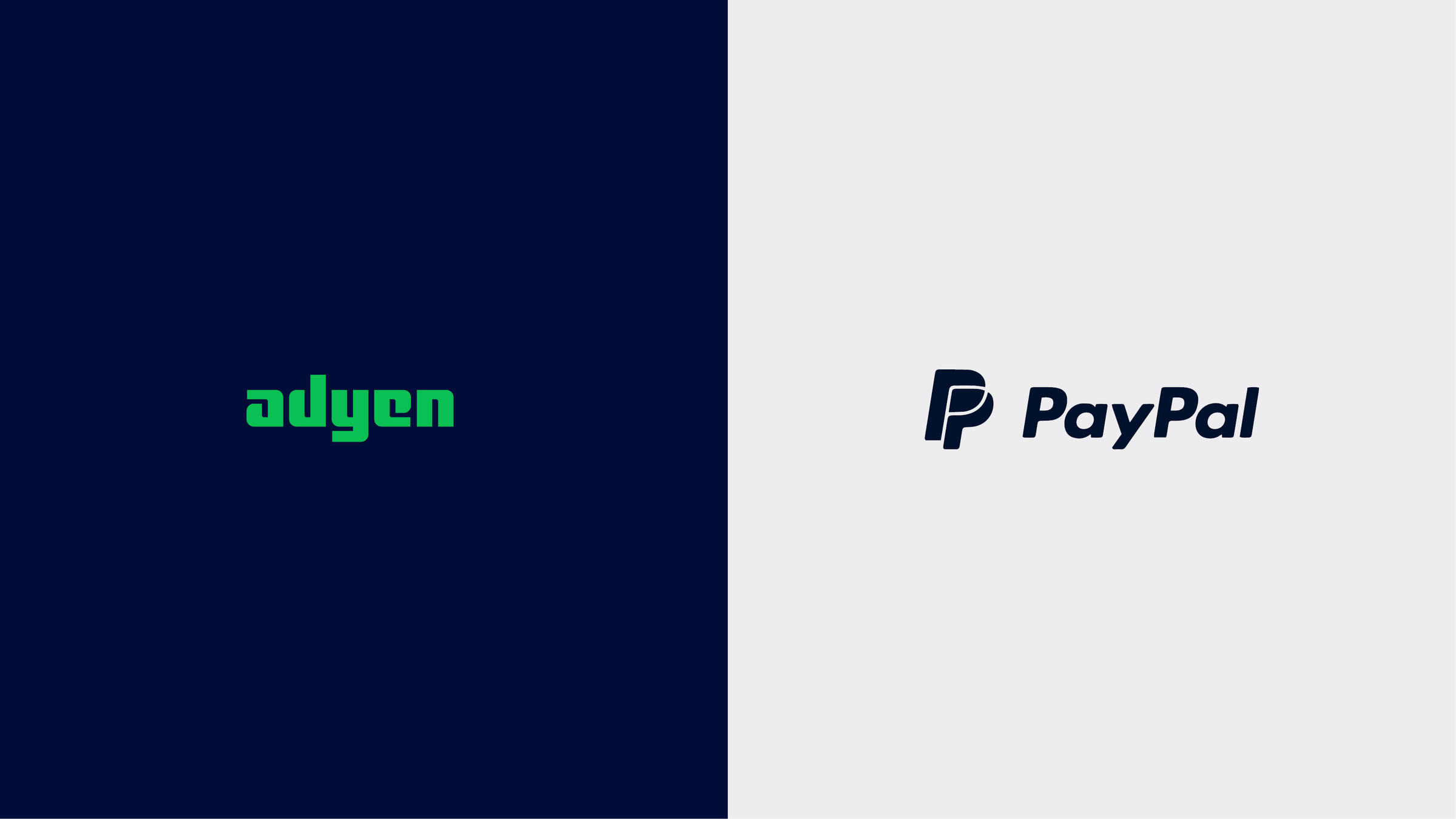 Adyen and PayPal logo on a split background.