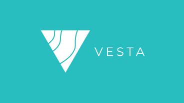 White Vesta logo with abstract triangle design on turquoise background.