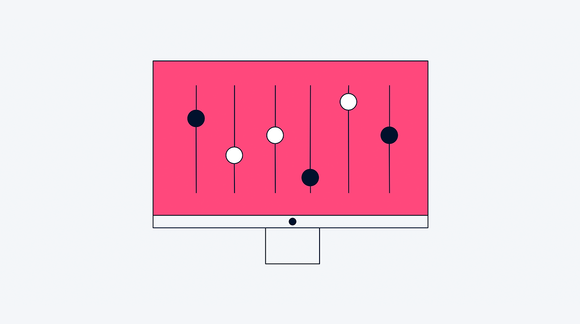 Ilustração estilizada de um monitor com tela rosa e formas geométricas.