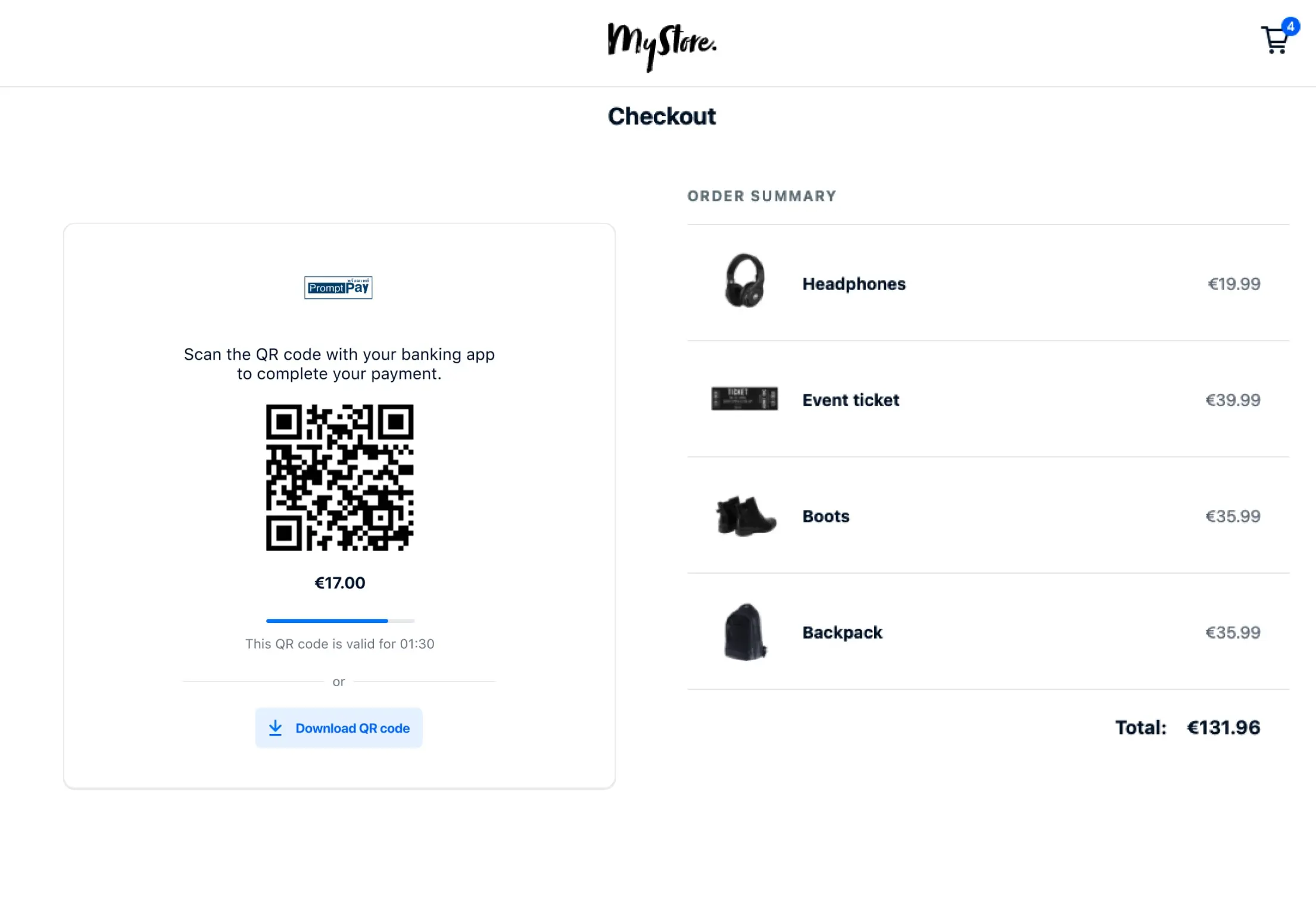 Checkout page with an Adyen QR code payment option for 17.00 and an order summary listing various products.