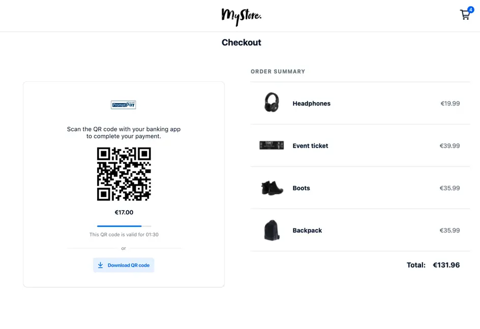 Checkout page with an Adyen QR code payment option for €17.00 and an order summary listing various products.