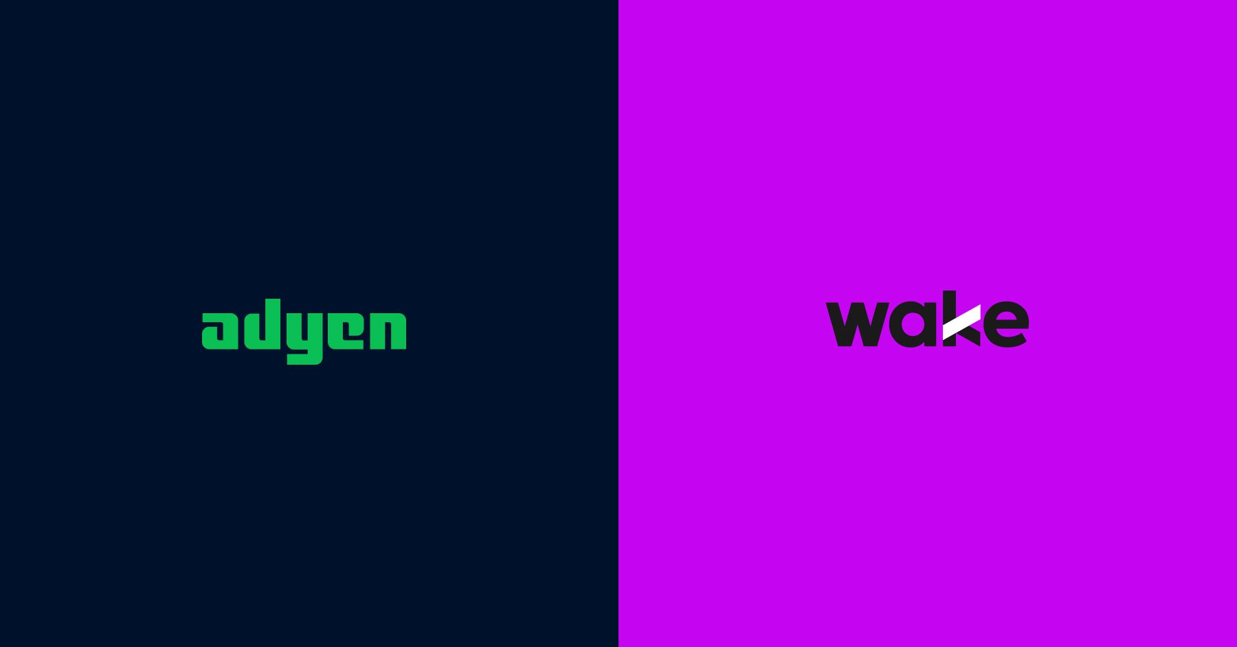 Logos da Adyen e Wake em um fundo dividido