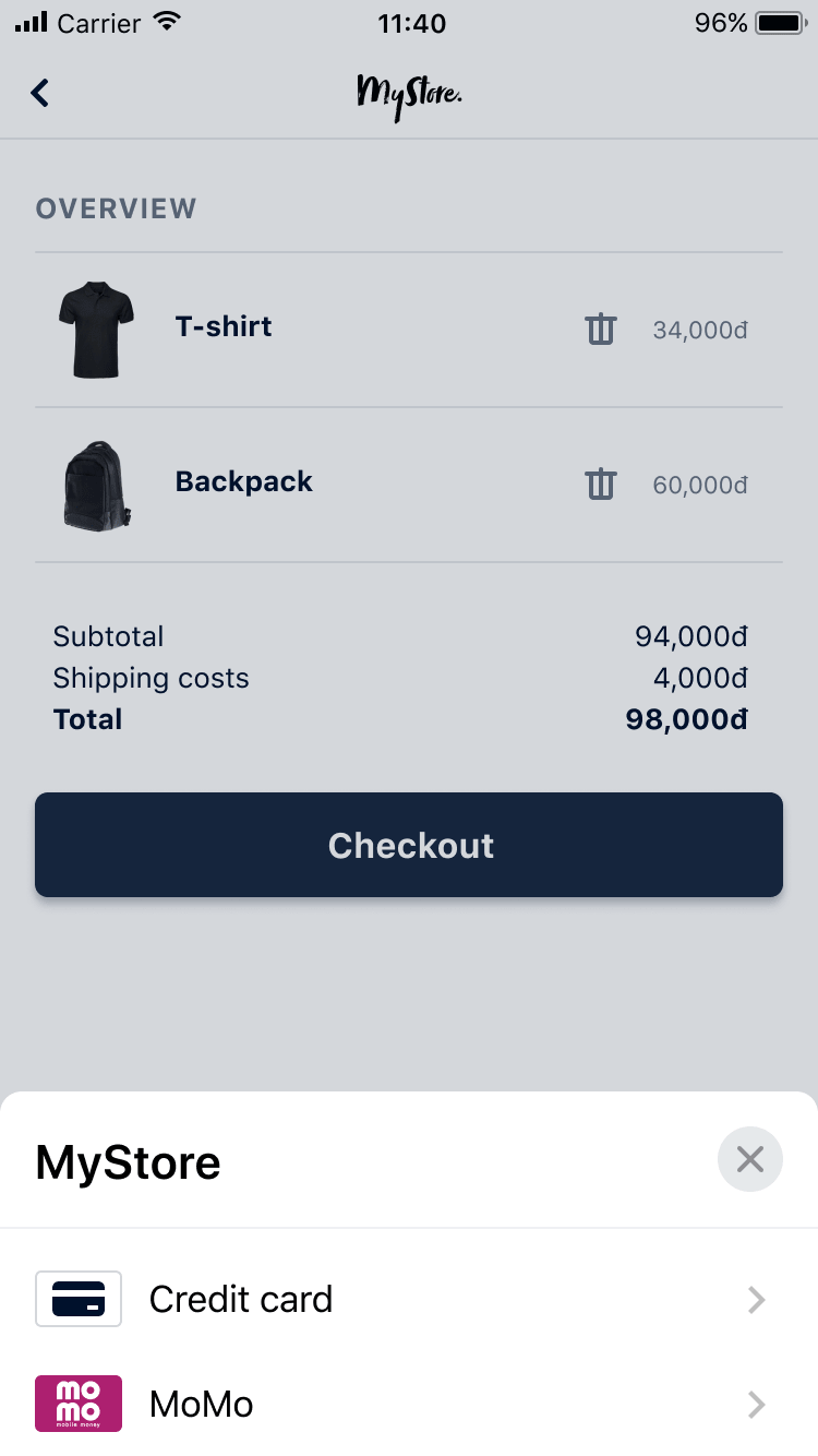 Mobile shopping cart screen with items listed for purchase and available payment methods displayed.