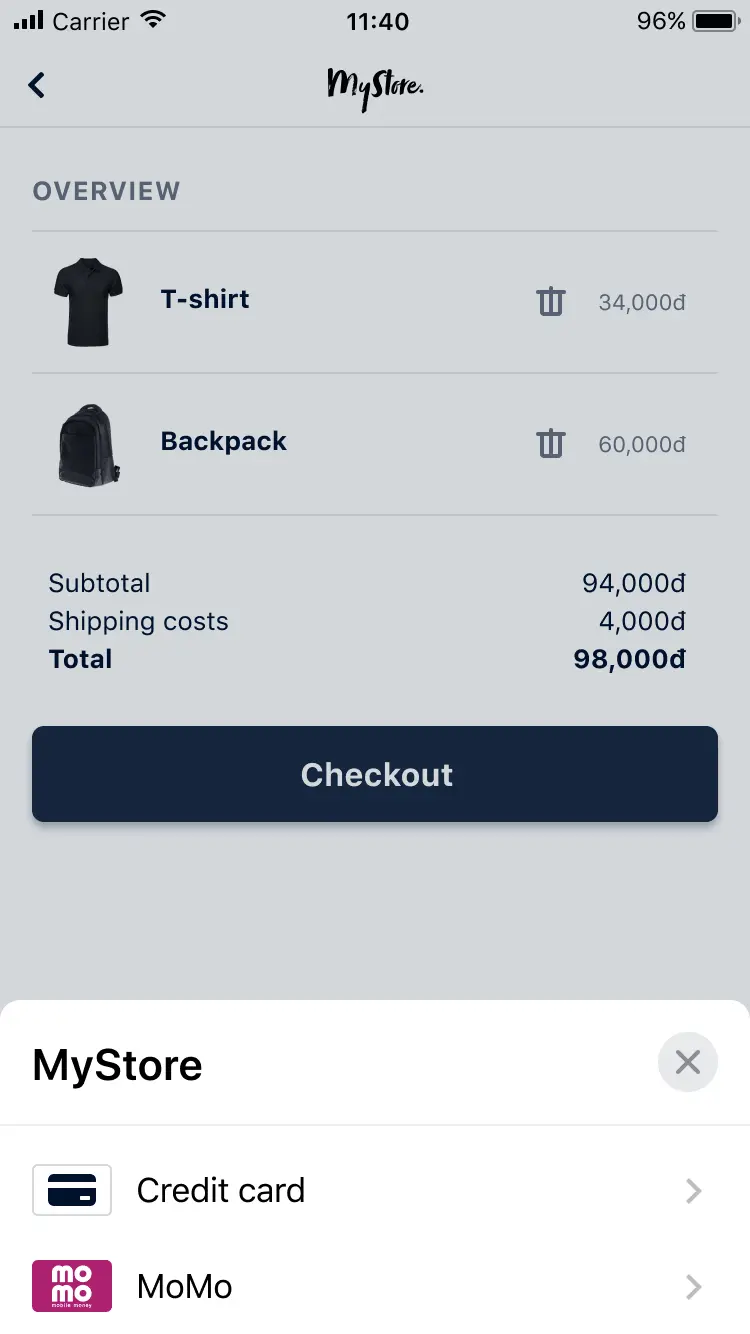 Mobile shopping cart screen with items listed for purchase and available payment methods displayed.