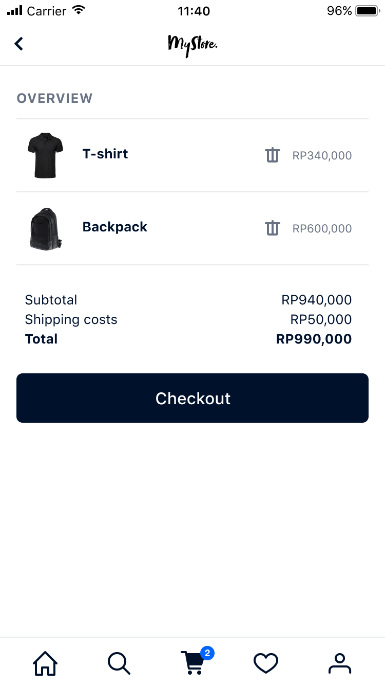 Mobile shopping app screen displaying a cart with a T-shirt and backpack, and total cost including shipping.