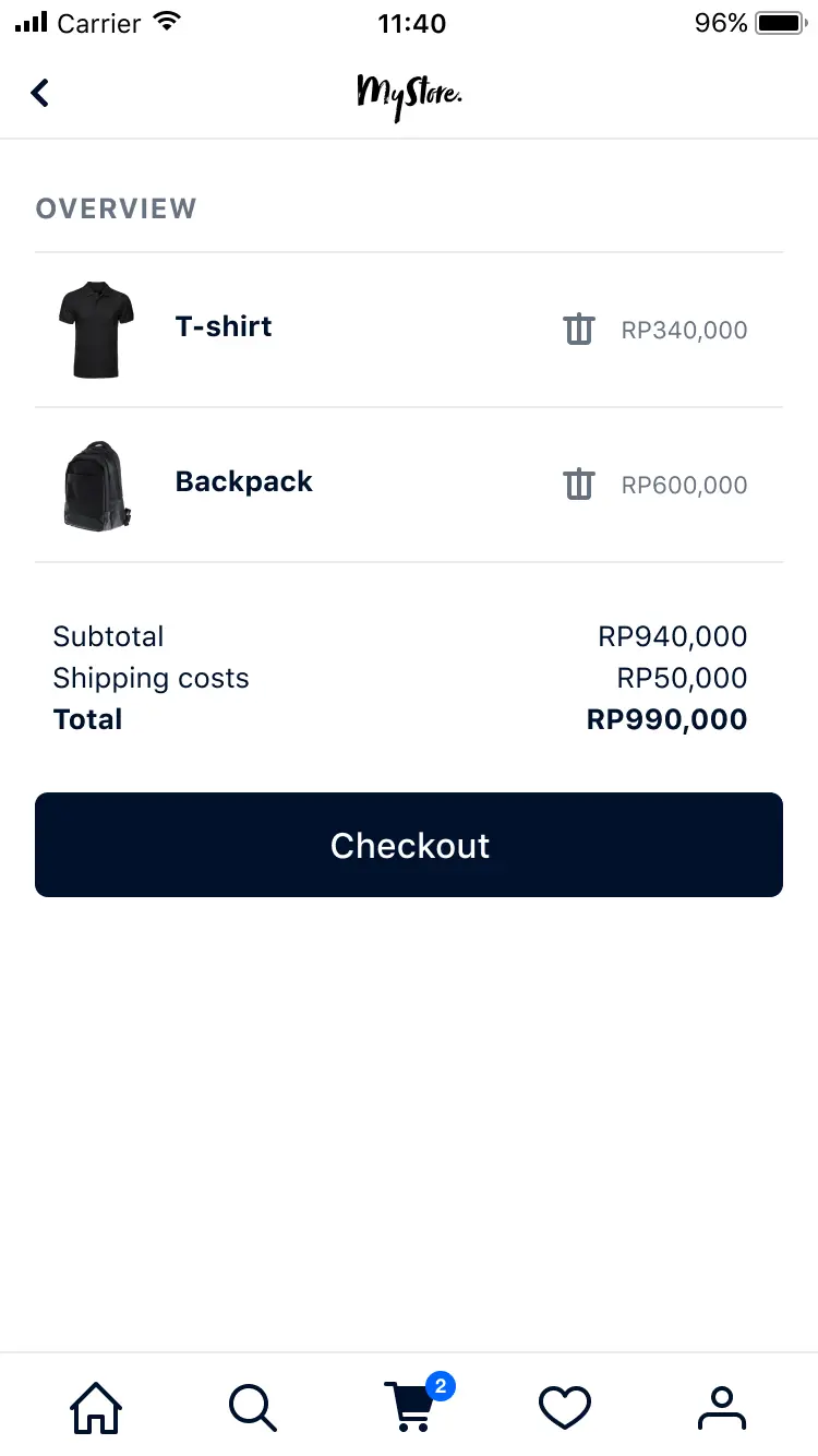Mobile shopping app screen displaying a cart with a T-shirt and backpack, and total cost including shipping.