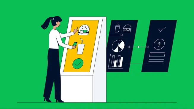 Illustration of a person using a self-service kiosk to order food with Adyen payment options displayed.