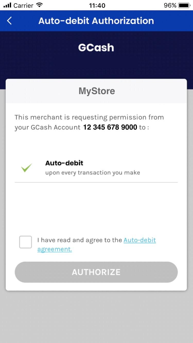 GCash auto-debit authorization screen with an option to authorize automatic debits for transactions.