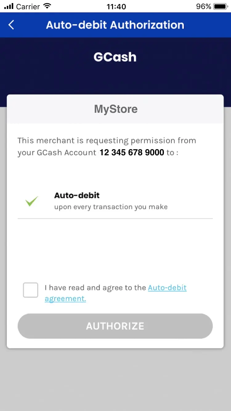 GCash auto-debit authorization screen with an option to authorize automatic debits for transactions.