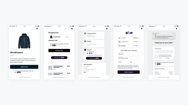 Sequence of mobile screens showing a product page, shopping cart, payment options, and order confirmation with Zip payment integration.