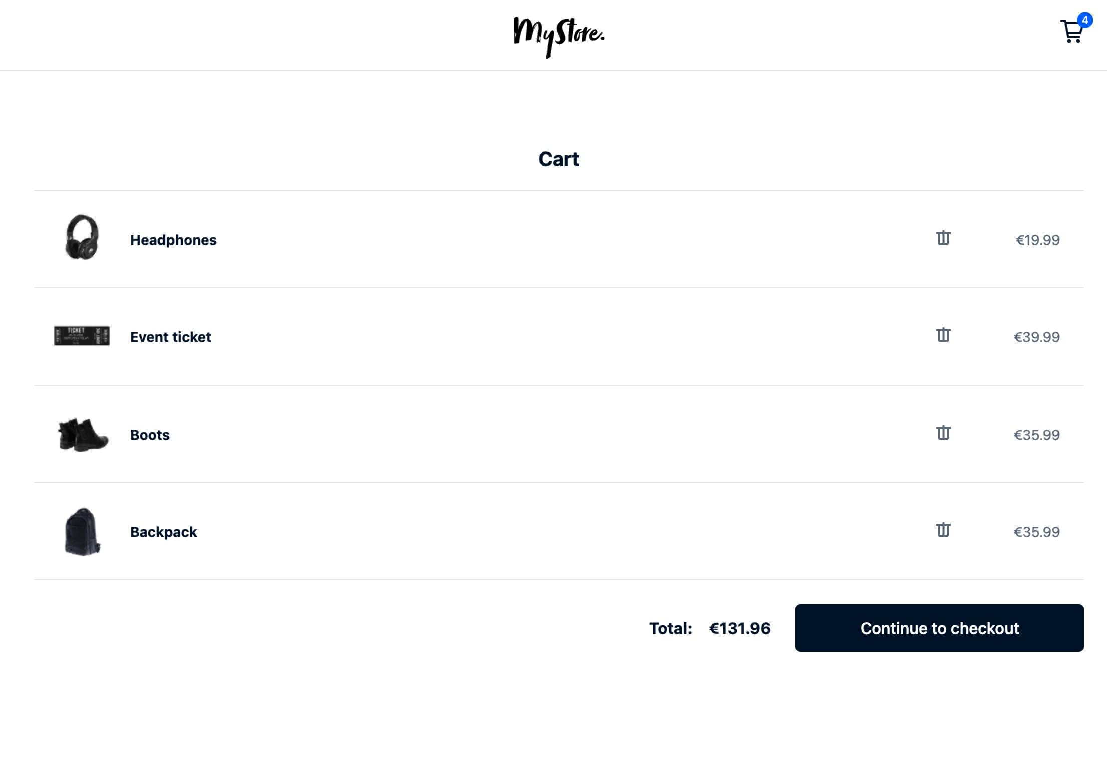 Online shopping cart interface with items listed including headphones, event ticket, boots, and backpack with total price.