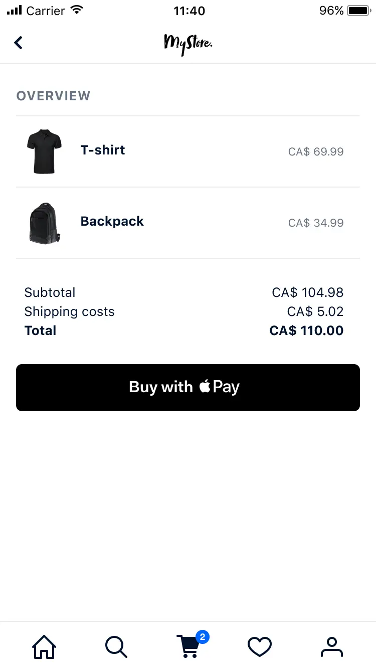 Mobile screen showing a shopping cart with a T-shirt and a backpack and an Apple Pay checkout button.