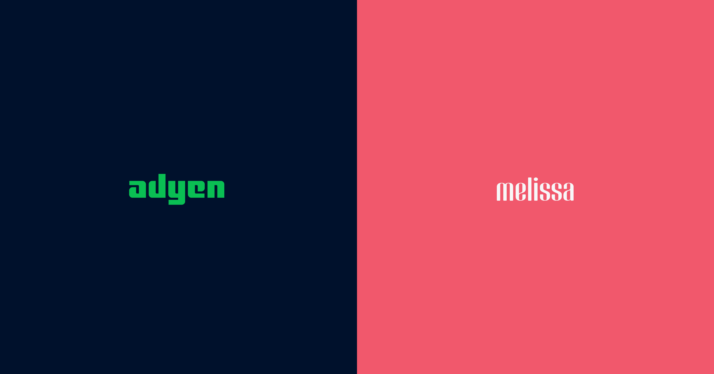 Fundo dividido com texto 'adyen' em azul escuro e texto'melissa' em rosa