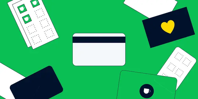 Graphic elements representing payment cards and transaction receipts on a green background.