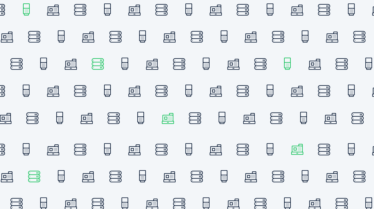 Modèle de produits Adyen comprenant des terminaux de point de vente et des appareils de paiement mobile avec certains éléments mis en évidence en vert.