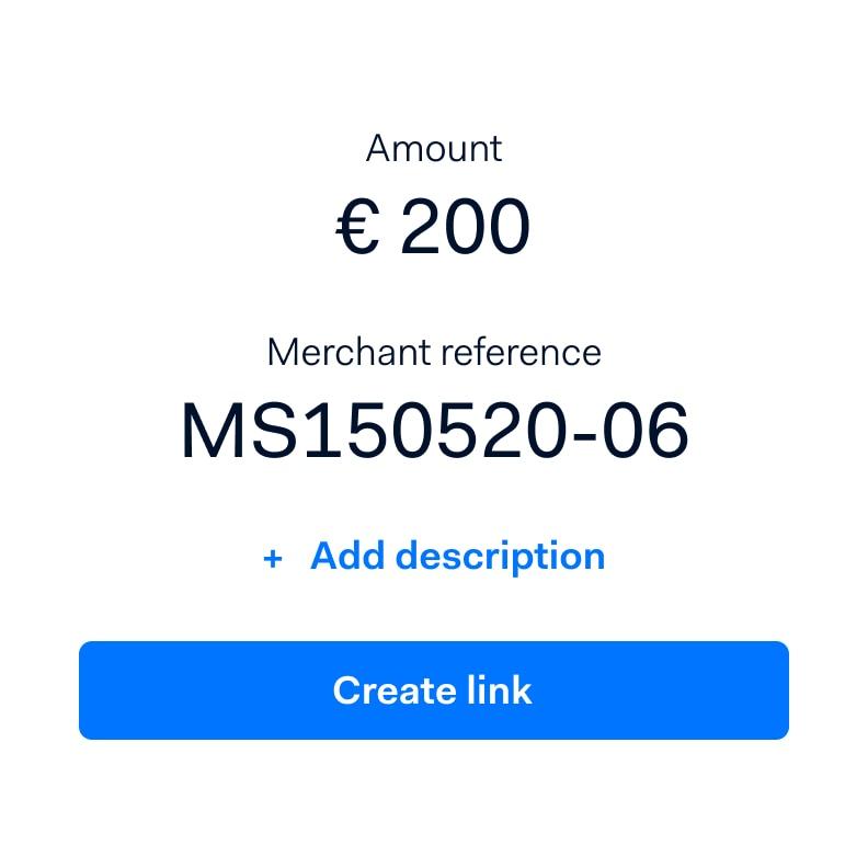 Adyen payment link creation interface showing an amount of €200 and a merchant reference.