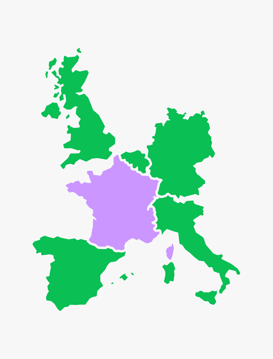 France and its neighbouring countries in purple and purple