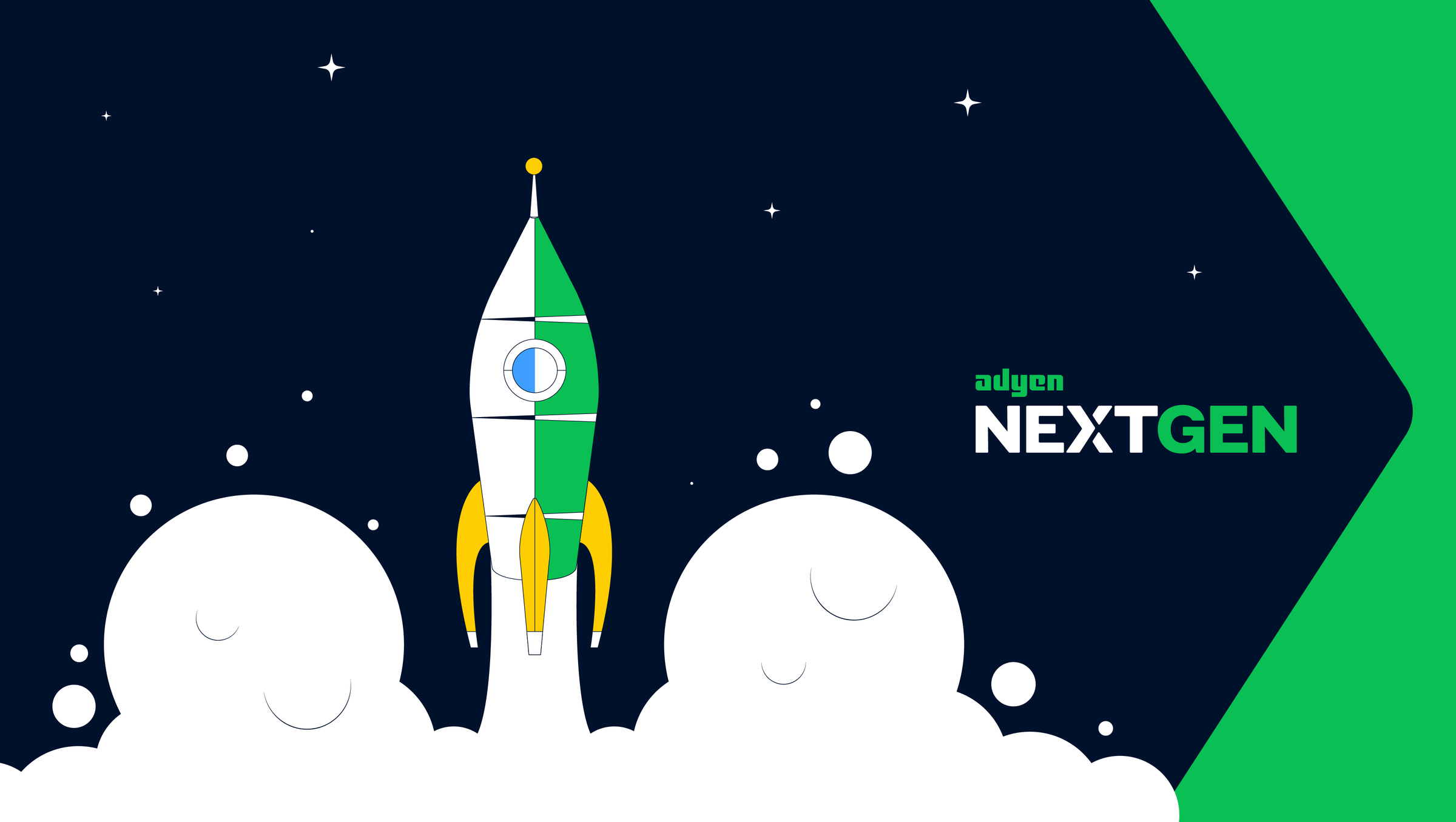 Lançamento de foguete estilizado com estrelas no fundo e texto Adyen NEXTGEN