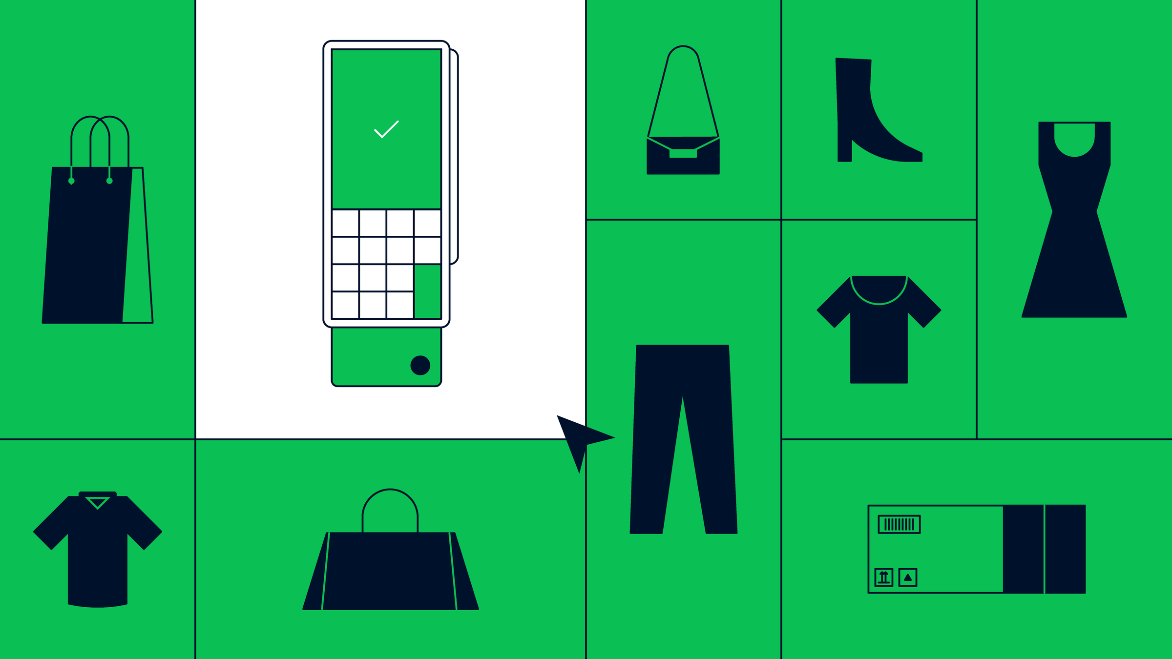 Stylized mobile device displaying a checkmark with various clothing items transforming into a package.