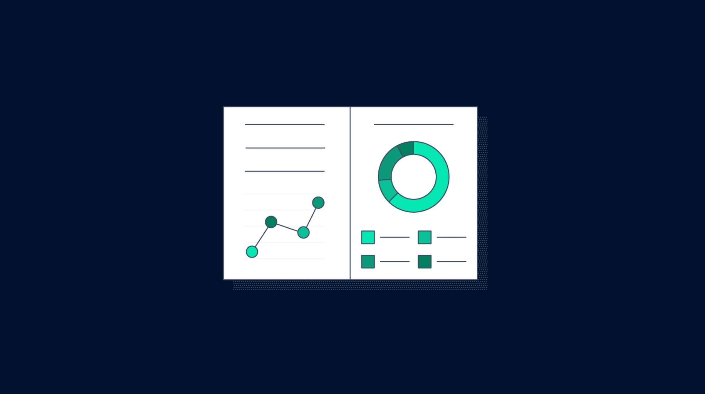 Offene Buchillustration mit Liniendiagramm auf der linken Seite und Donut-Diagramm mit Symbolen auf der rechten Seite