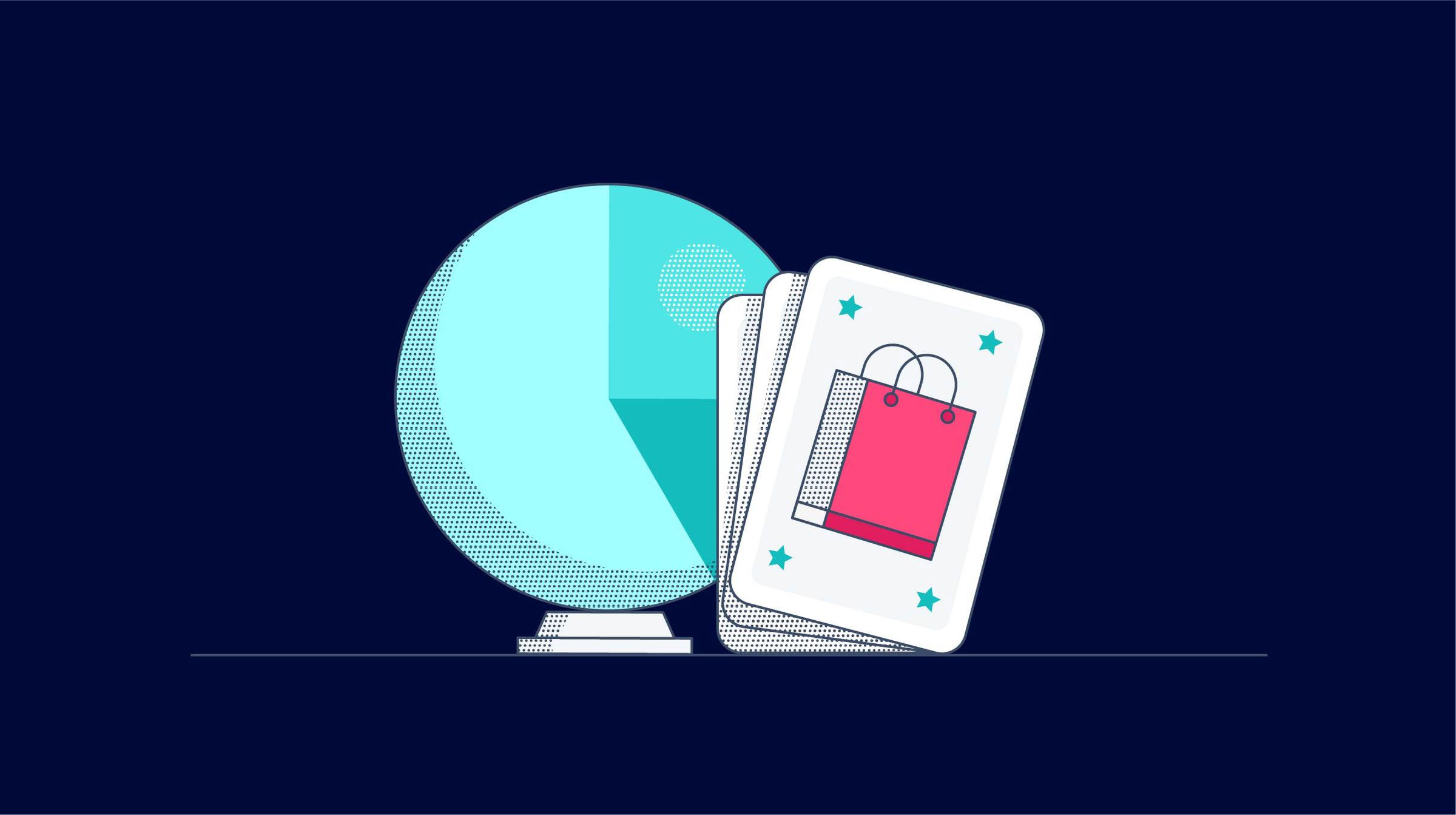 Stilisiertes Smartphone, umgeben von einem Kreisdiagramm und einem Einkaufsbeutel-Symbol, das Online-Shopping-Analysen anzeigt.