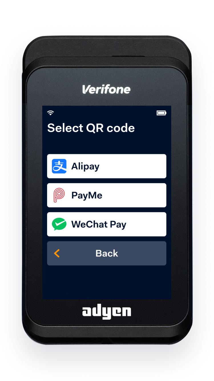 Handheld payment terminal displaying QR code selection for Alipay, PayMe, and WeChat Pay.