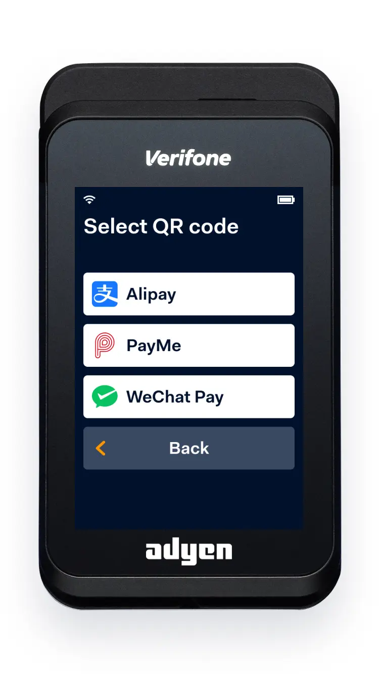 Handheld payment terminal displaying QR code selection for Alipay, PayMe, and WeChat Pay.