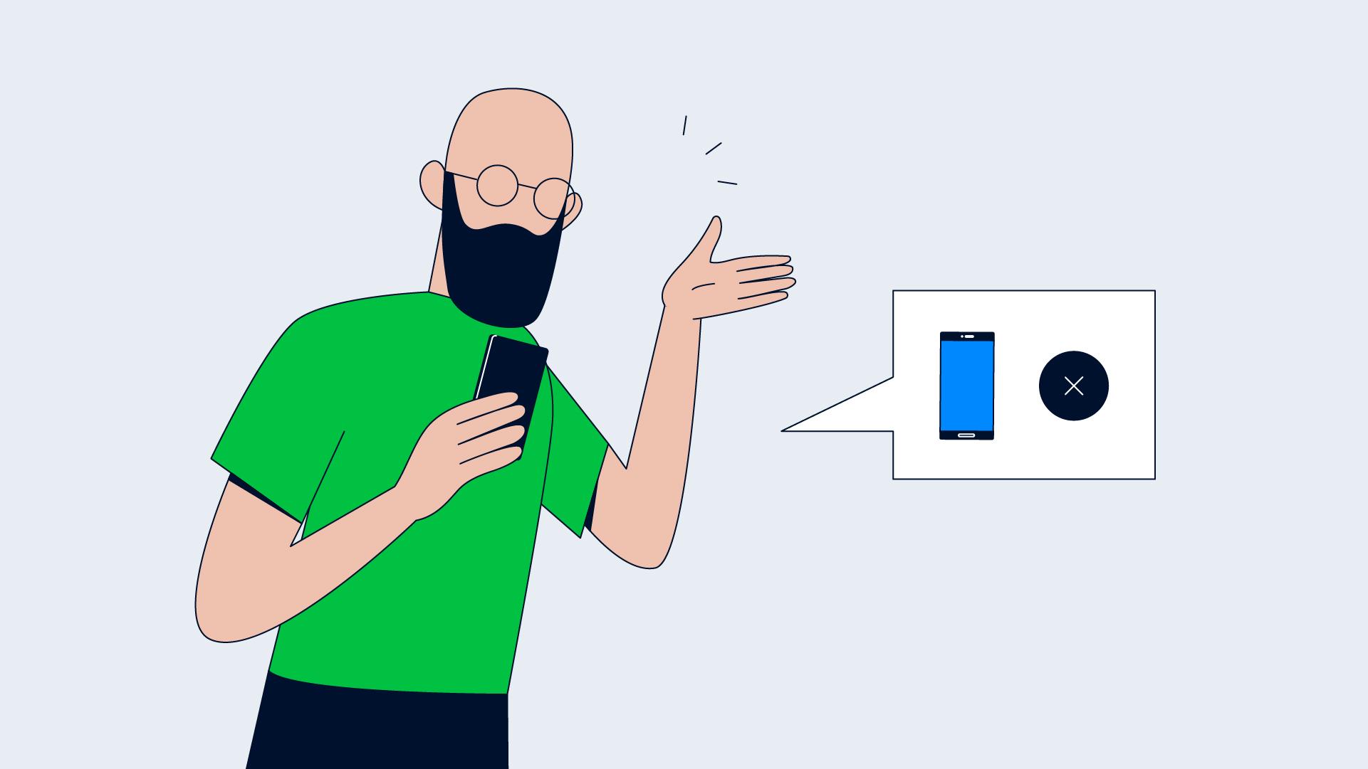 Pessoa careca com óculos fazendo um gesto de negação para um smartphone com um sinal de cruz.