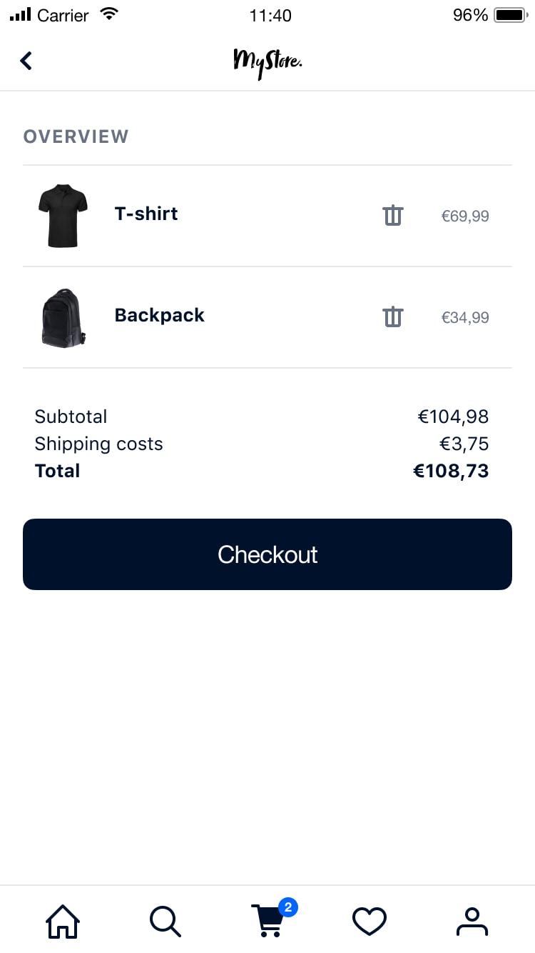 Mobile shopping cart screen with a T-shirt and Backpack listed for checkout and a total summary.